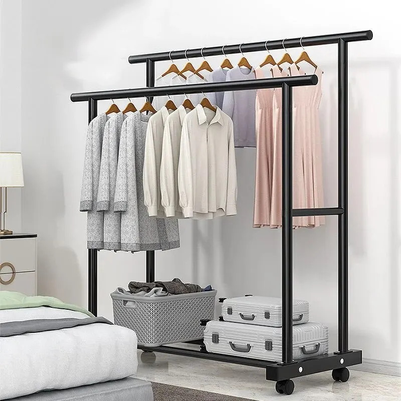 Multifunctional Double-deck Simple Clothes Hanger With Universal Wheels Bedroom Storage Wardrobe Coat Rack Home Sorting