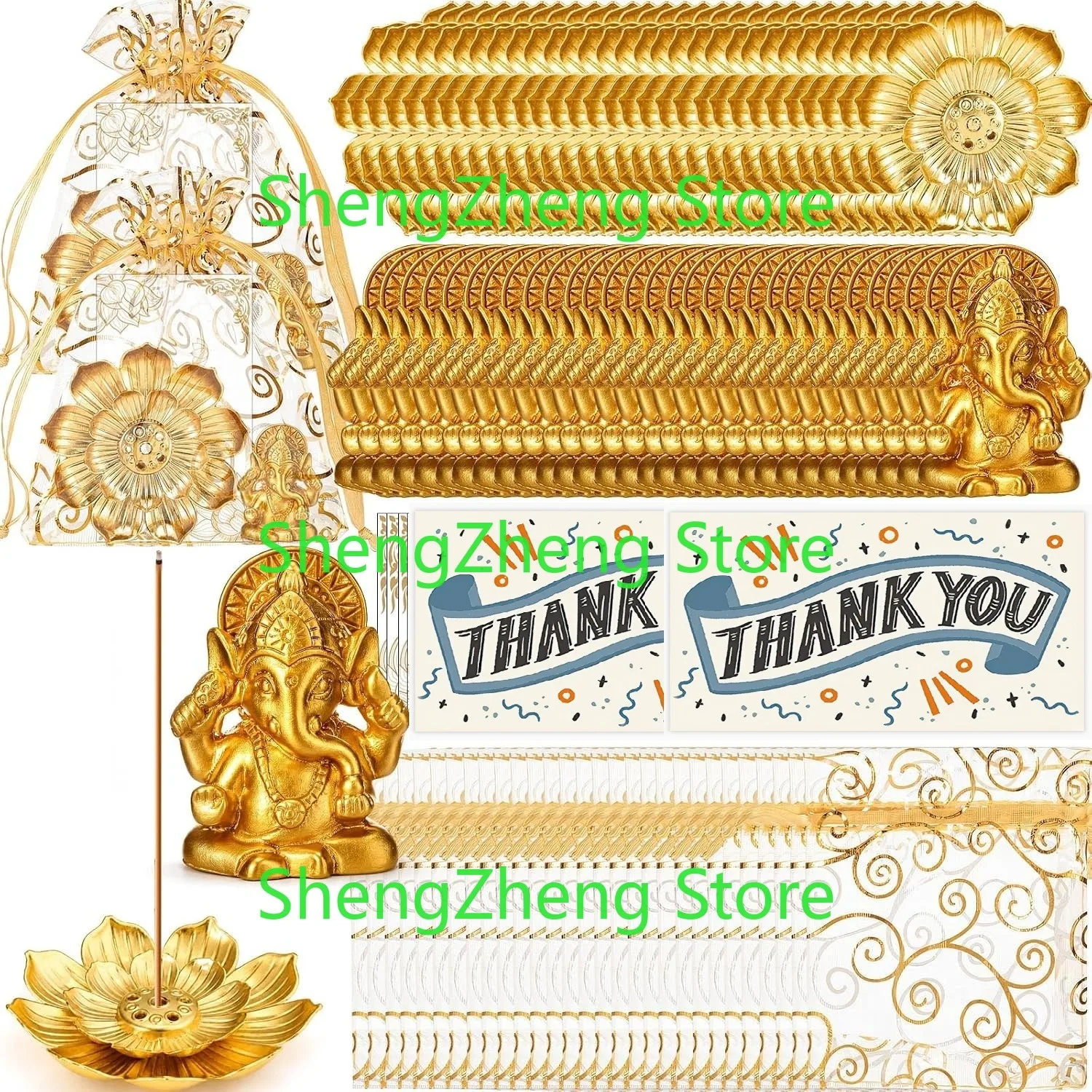 30 Sets Return Gifts for Gold Lotus Incense Sticks Holder with Mini Golden Ganesha Figurines Organza Bags & Thank You Cards Gift