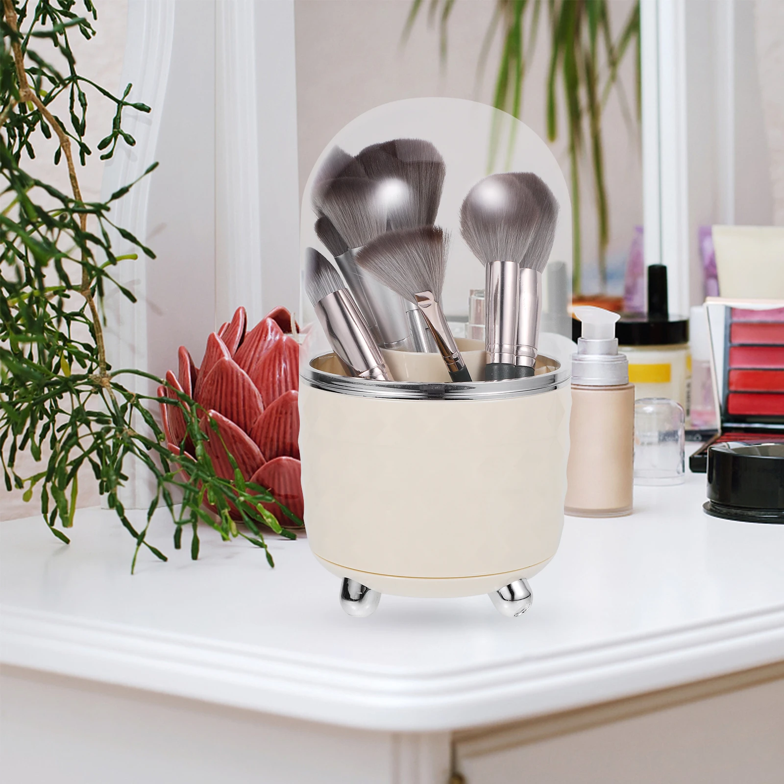 

360 Degree Rotating Makeup Brush Holder Large Capacity Organizer Desktop Storage Box For Pens Nail Art Tools With Lid