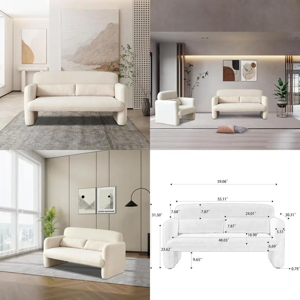 

2 Seater Sherpa Fabric Loveseat Sofa, Comfortable Modern Upholstered Couch with Waist Pillows