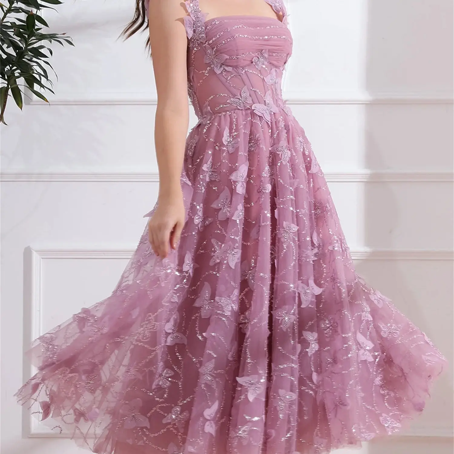 Aileen Flesh Pink Butterfly A-line Long Dress Evening Dresses for Special Occasions Elegant Gown Rhinestones Women Costumes Gala