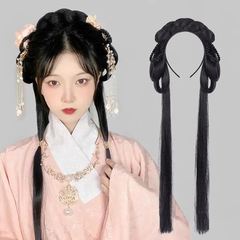 Tang-dynastie haarbumpset: alles-in-één hoornbroodje + volledige pruikdop voor Hanfu oude Chinese voorgevormde ossenhoornvulling + hoofdband