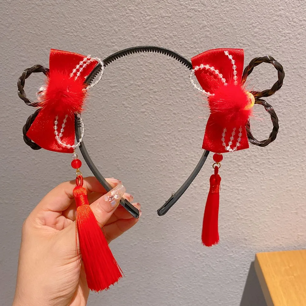 

Fashion LED Glowing Hanfu Wig Headband Red Pearl Flower Tassel Hairband Headdress Bow Chinese Style Hair Hoop Hanfu