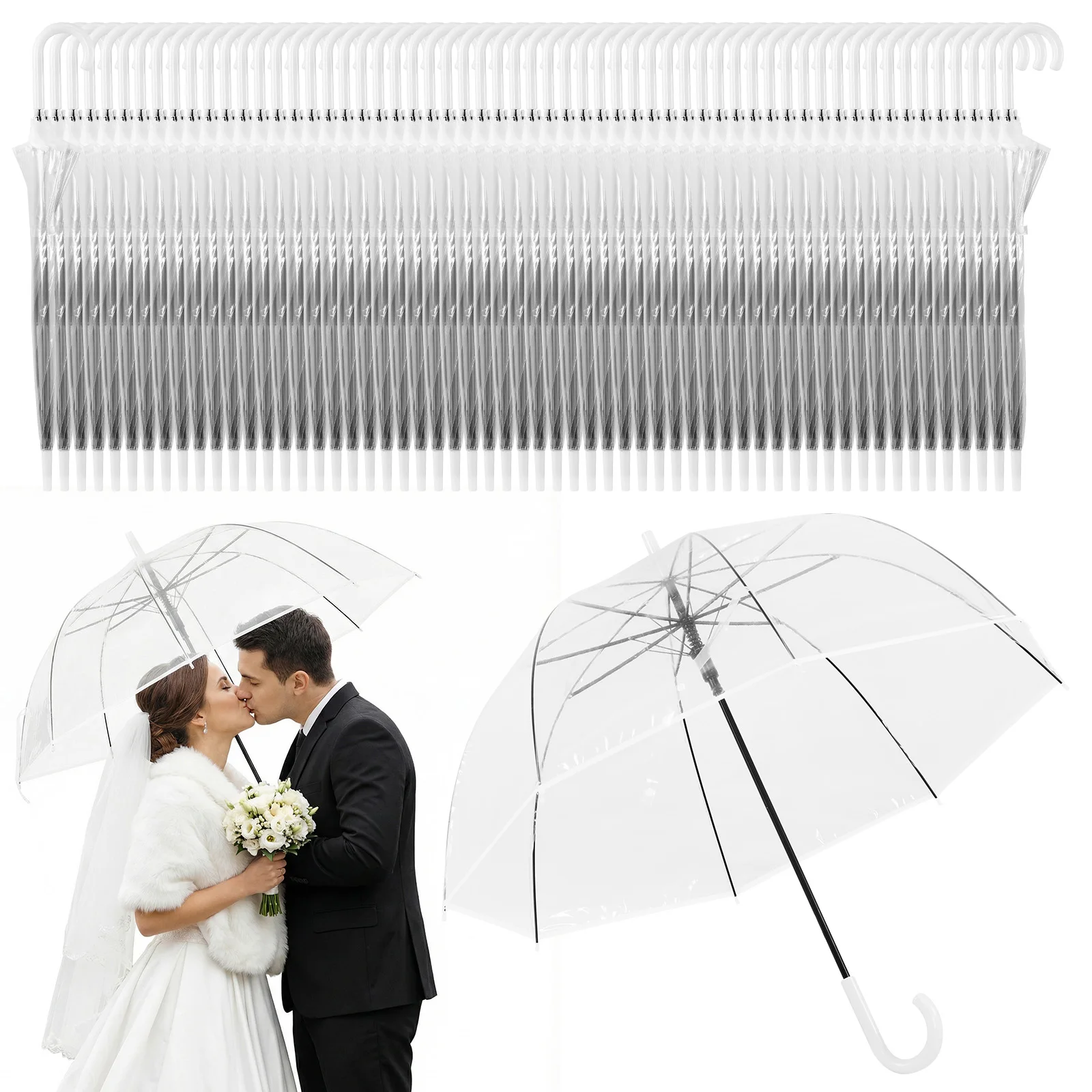 

60pcs Transparent Rain Umbrellas Bulk with Classic Hook Handle 8 Ribs Auto Open Bubble Rain Umbrella for Wedding Travel Dating