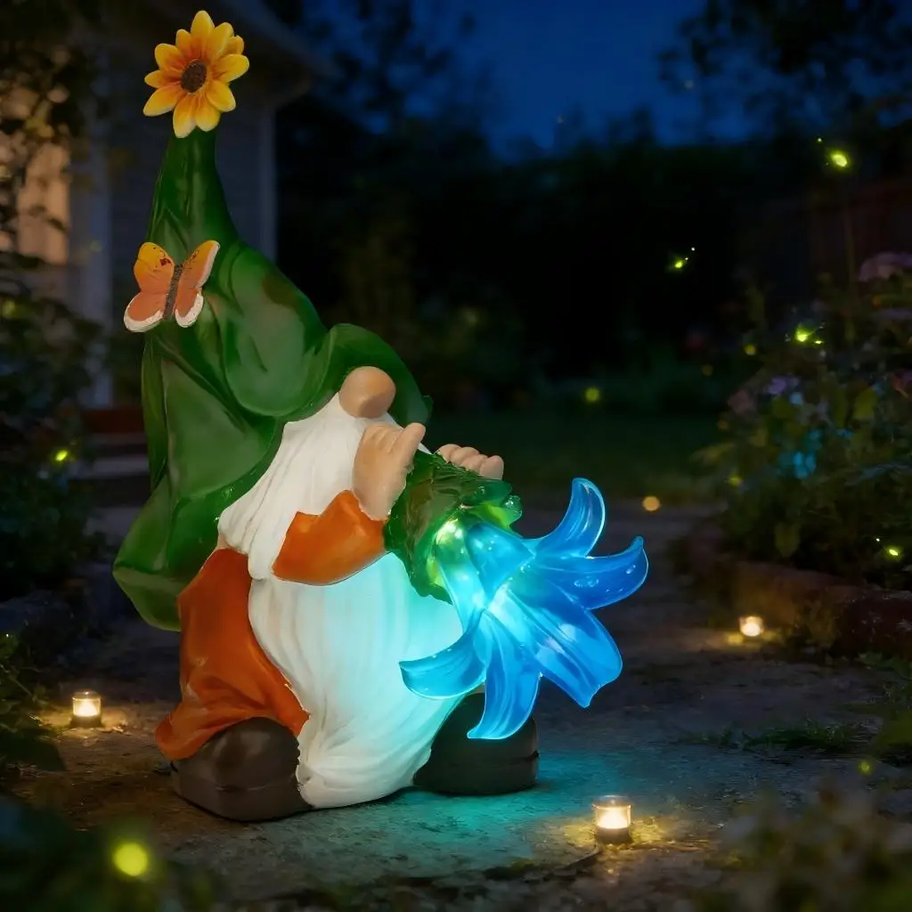 Solar LED Lighted Garden Gnome Resin Statue - Outdoor Funny Decor for Home Patio Lawn Yard - Collectible Figurine Gift