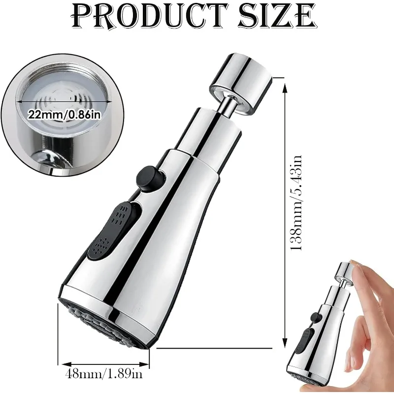 3-Function Kitchen Tap Spray Head, 360° Swivel Chrome Faucet Extender, Anti-Splash Water Saving Universal Sink Adapter