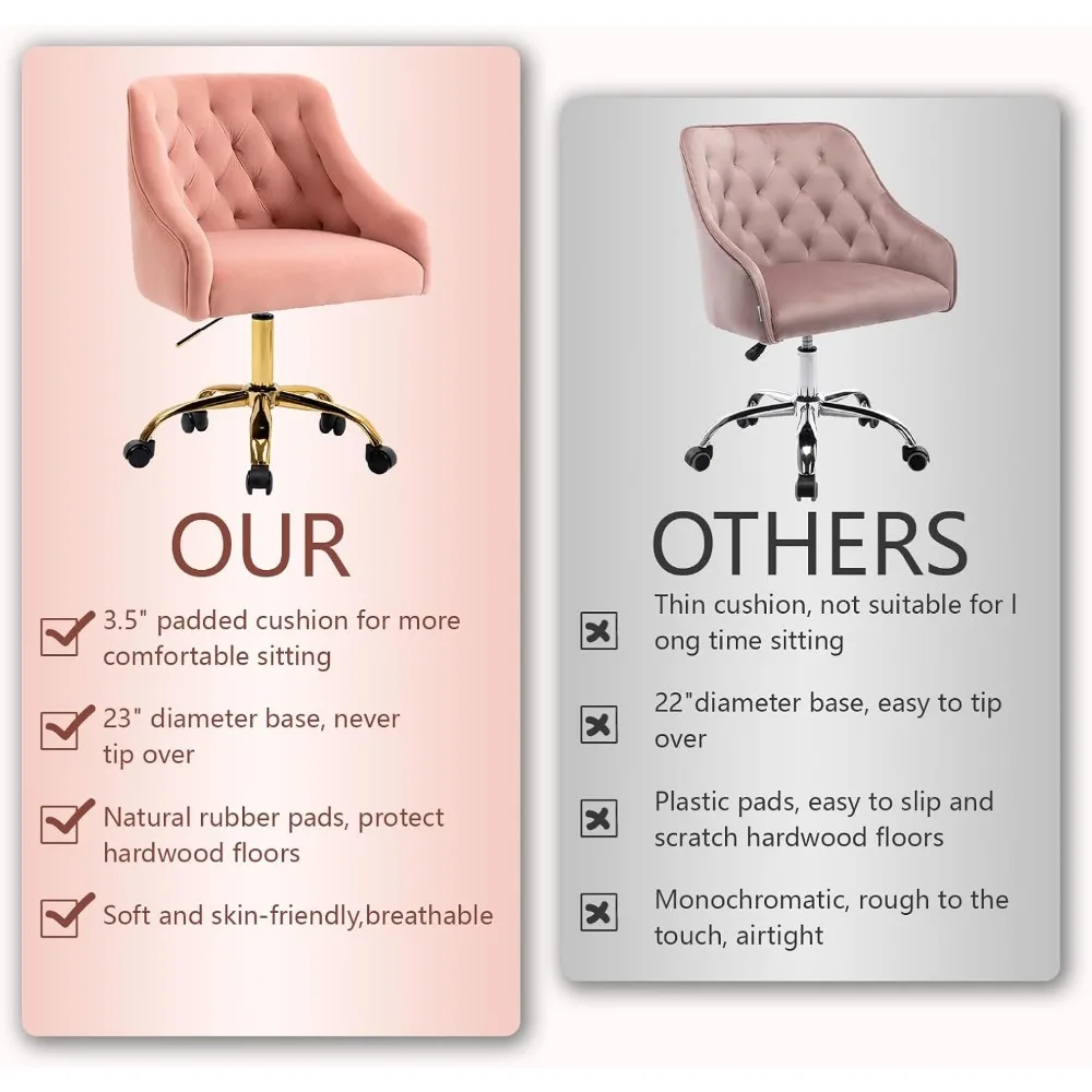 كرسي مكتب دوار - قماش مخملي، ذهبي فاخر، 360 درجة °   دوران، ارتفاع قابل للتعديل لمكتب الفتيات