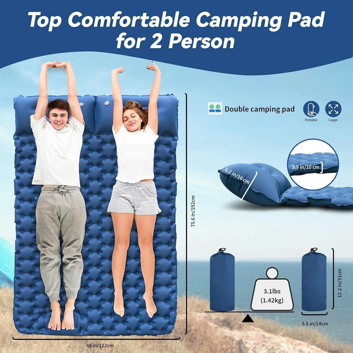 Ultralight Folding Double Sleeping Mat Extra Wide Inflatable Air Mattress Portable Sleeping Pad for Camping Hiking Car Travel
