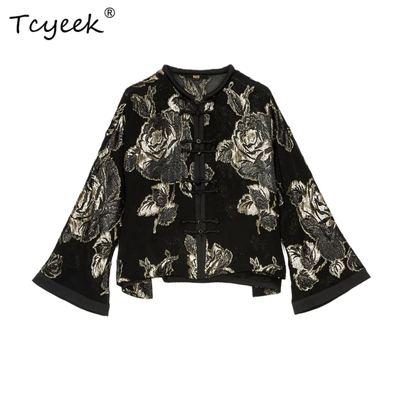 

Tcyeek-100%Mulberry Silk Coat For Women, Jacquard Flower, New Chinese Style Elegant Jacket, 2024 Spring And Autumn C49923QM