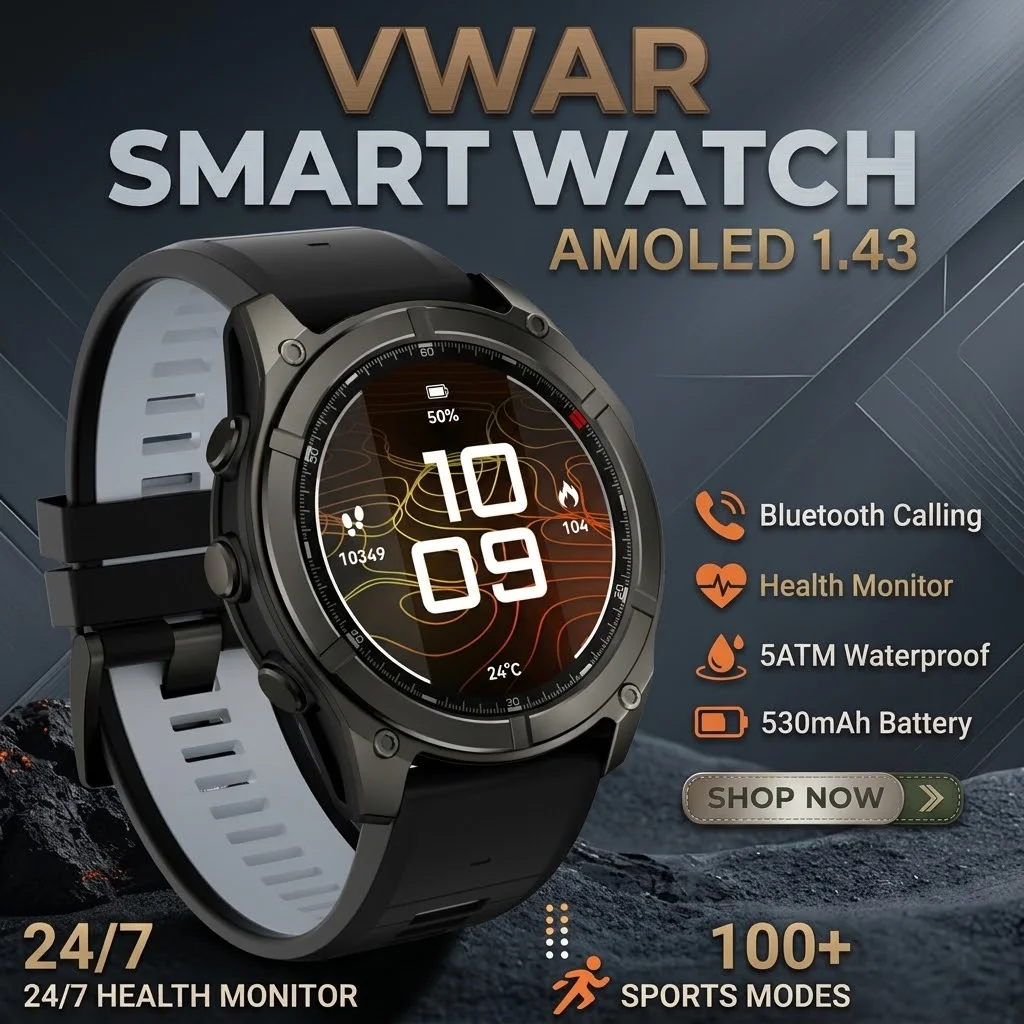 2026 VWAR Smart Watch For Men 1.43 AMOLED Outdoor Compass 5ATM Waterproof 530mAh SOS Health Monitor Bluetooth Call Smartwatch