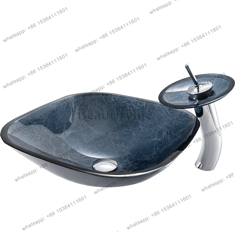 Tempered glass countertop basin home simple gray blue art basin ingot-shaped homestay square creativity