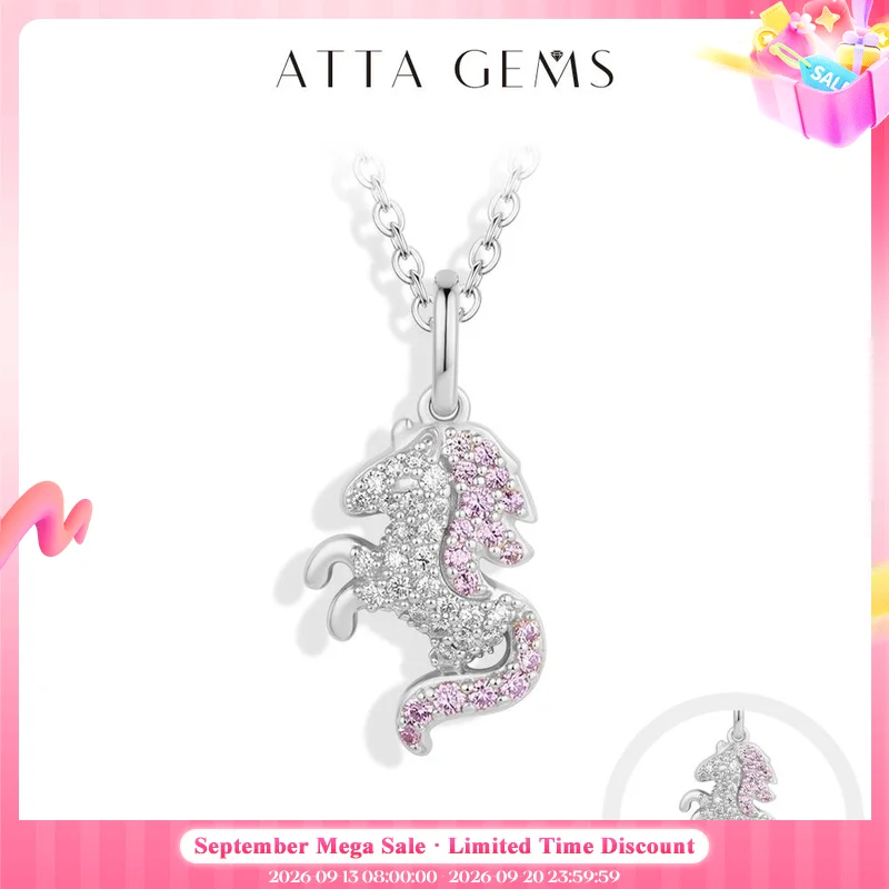 ATTAGEMS Running Unicorn Pendant Pink Zircon White Moissanite Necklace S925 Silver Dreamy Girls Boy Birthday Party Gifts Jewelry