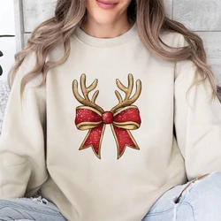 Christmas Bow Print Hoodie For Women Y2K Style Acid Washed Hoodie Unisex Fit Pullover Shirt Top Round Neck Cheap High Quality