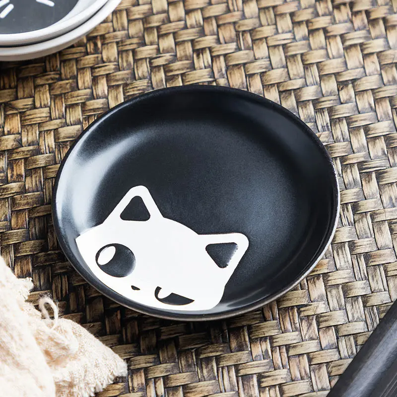 Ceramic Seasoning Dish Cartoon Cat Japanese Household Soy Sauce Vinegar Dishes Roast Meat Dip Round Snack Plate Bowl White Black