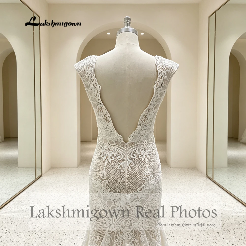 Lakshmigown Spitzen-Meerjungfrauen-Hochzeitskleid, schickes Häkelspitzenkleid mit offenem Rücken, Bohemian-Stil, kurze Ärmel, V-Ausschnitt, Brautkleider nach Maß – Detail 8