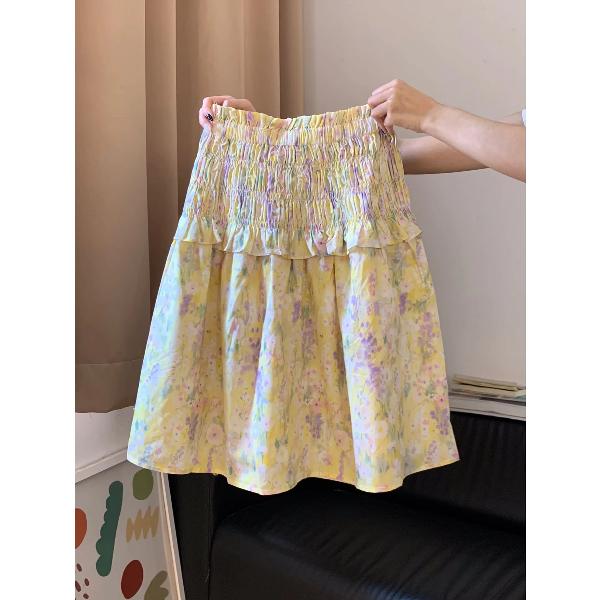 Summer New Style Yellow Floral Print A-Line  Skirt High Waist Elastic Waist Girls Feeling Mid-Length Skirt for Women