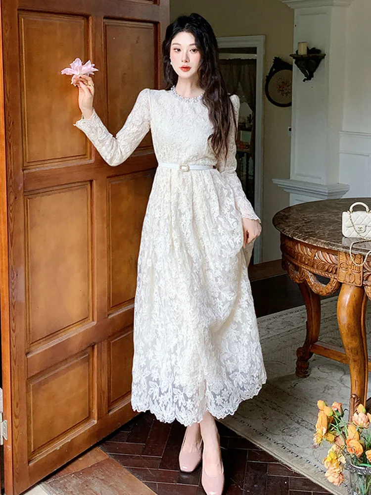 Francês vintage outono bordado flor oco para fora midi vestido elegante feminino luxo miçangas o pescoço magro a linha vestido de festa robe