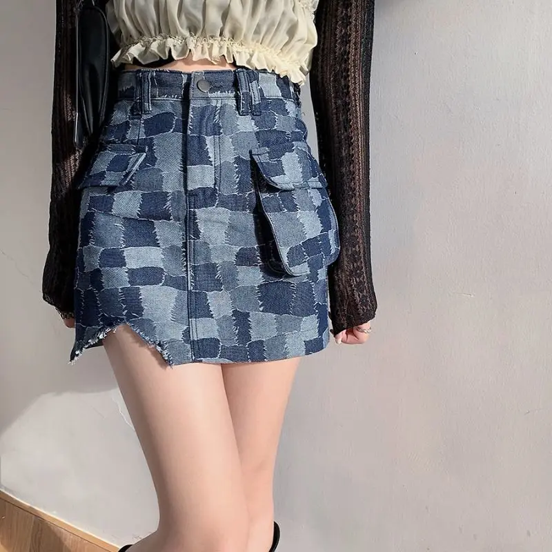 

Women's New Arrival Summer Sexy Slim Fit Ins Plaid A Line High Waist Denim Mini Skirt Bodycon Anti Exposure