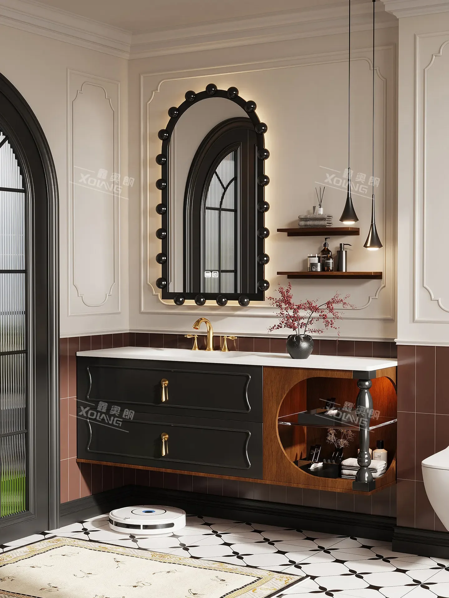 w28- Oak retro bathroom cabinet combination bathroom washbasin, wash basin, side open grid