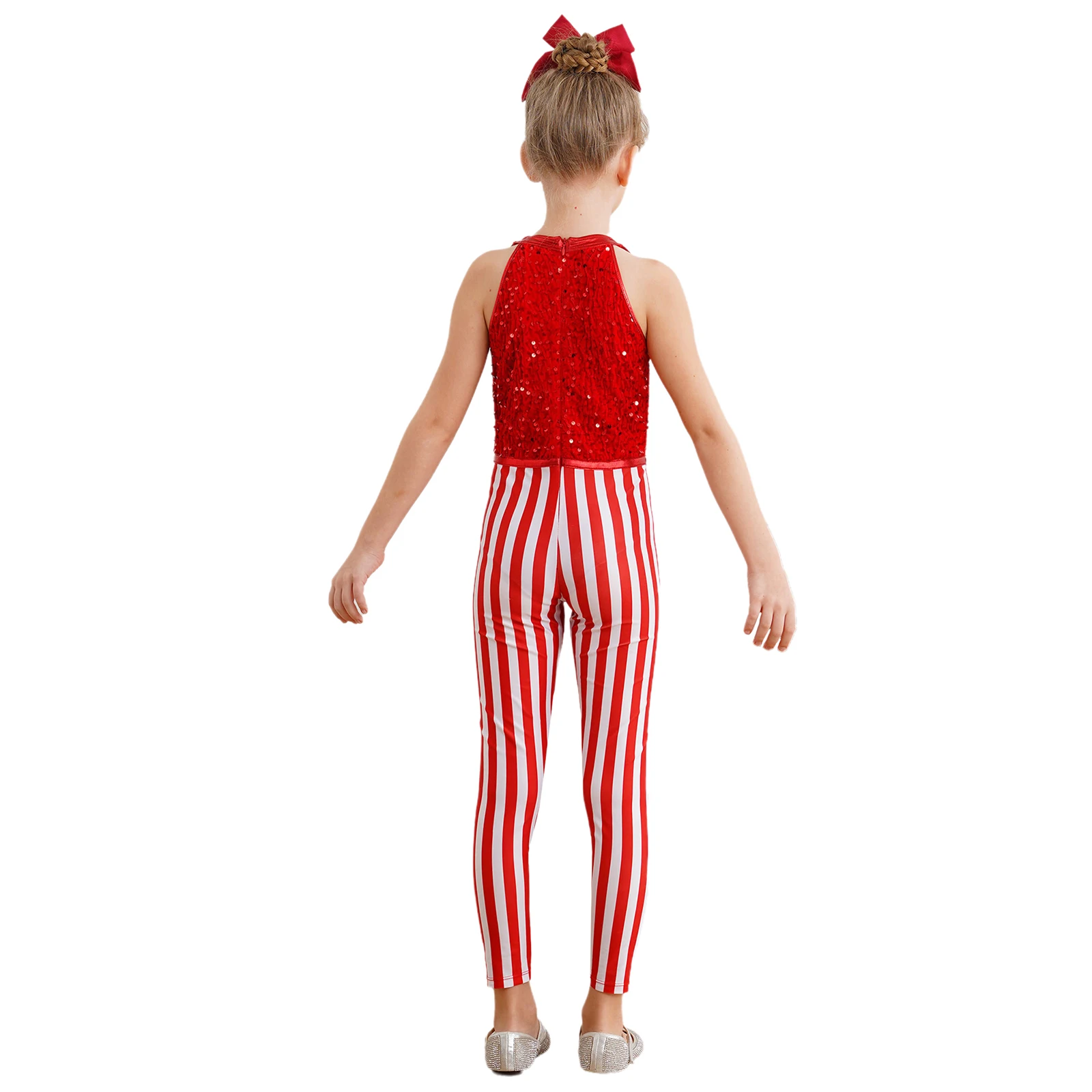 Kids Girls Christmas Ballet Dance Gymnastics Figure Skating Leotard Xmas Sequin Candy Cane Bodysuit Santa Claus Elf Costume