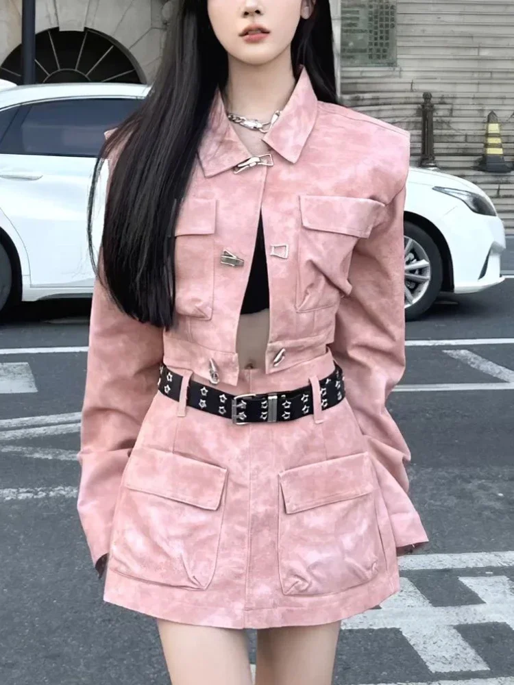 Autumn Sexy Y2K New 2 Piece Set Women Korean Version Temperament Spice Girls Suit Female Pink Buckle Jacket + Multi-bag Skirt