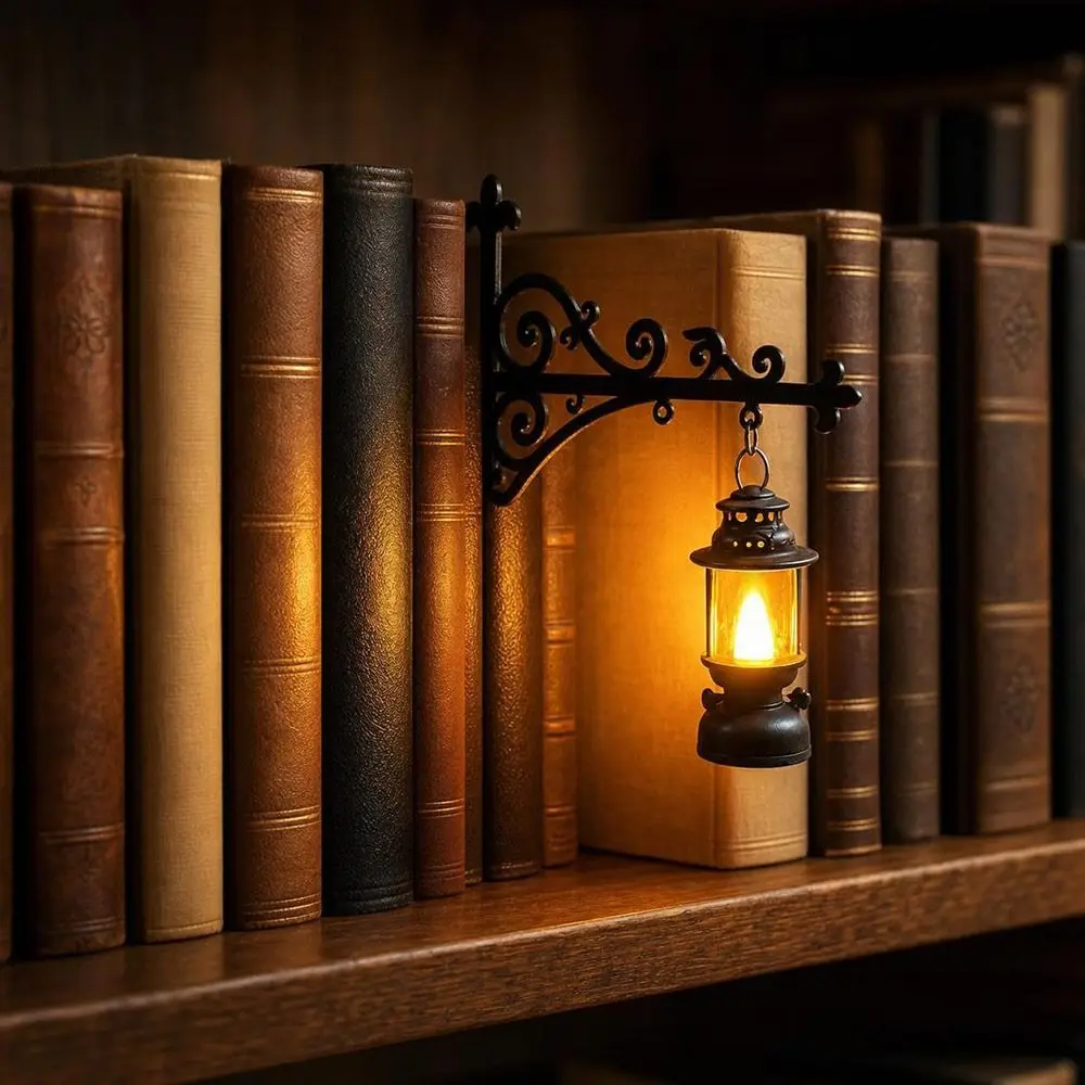 Vintage Style Warm LED Library Lantern Black Mini Bookcase Lamp Reading Nook LED Nightlight Bookshelf Decor