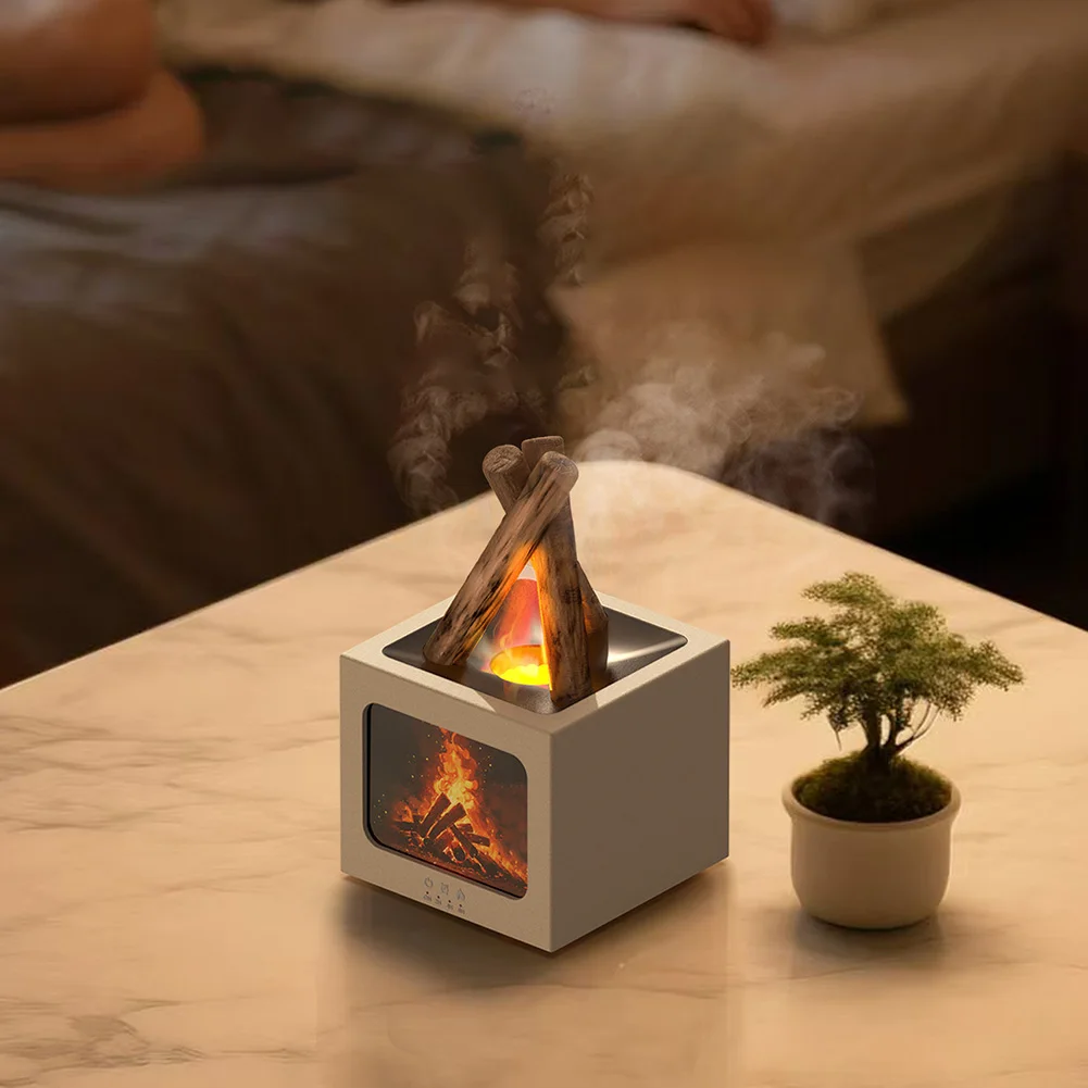 USB Aroma Diffuser with Desktop Fireplace and Humidifier Combining Realistic Flame and Soothing Mist for Air Comfort