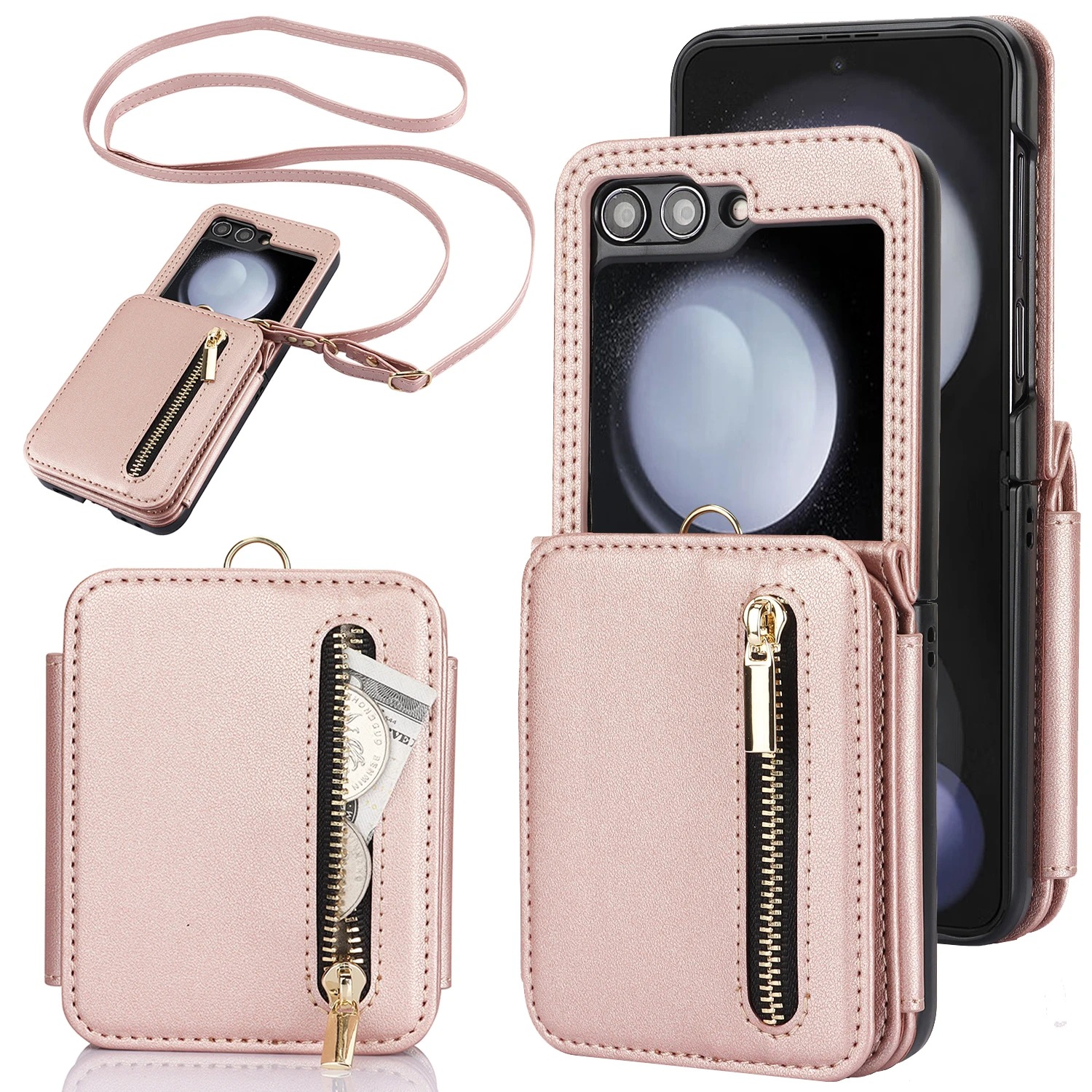 Luxury 2 in 1 Zipper Purse Crossbody Folding Case for Galaxy Z Flip 5 Z Flip 4 Z Flip 3 Shockproof Card Bag Wallet Leather Case