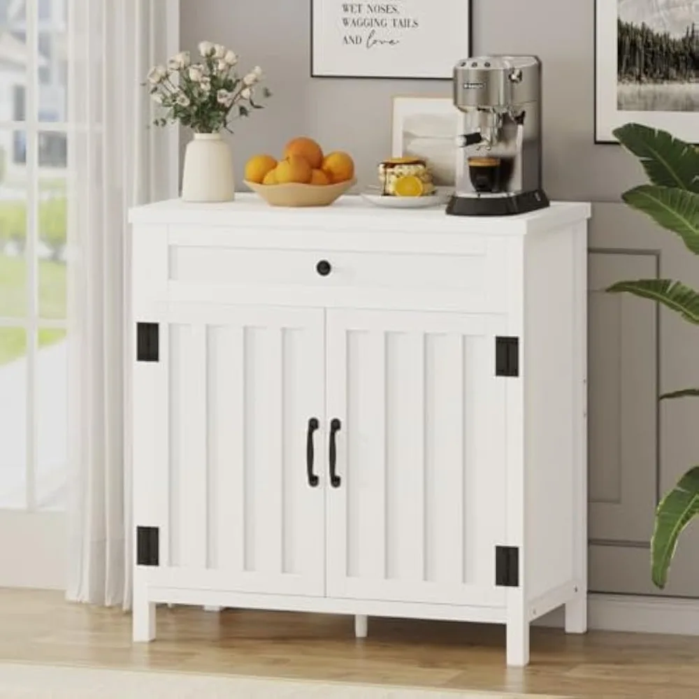 Gabinete de almacenamiento de cocina, gabinete de buffet con aparador con almacenamiento, gabinete de bar de granja con cajón y estante ajustable, (roble blanco)