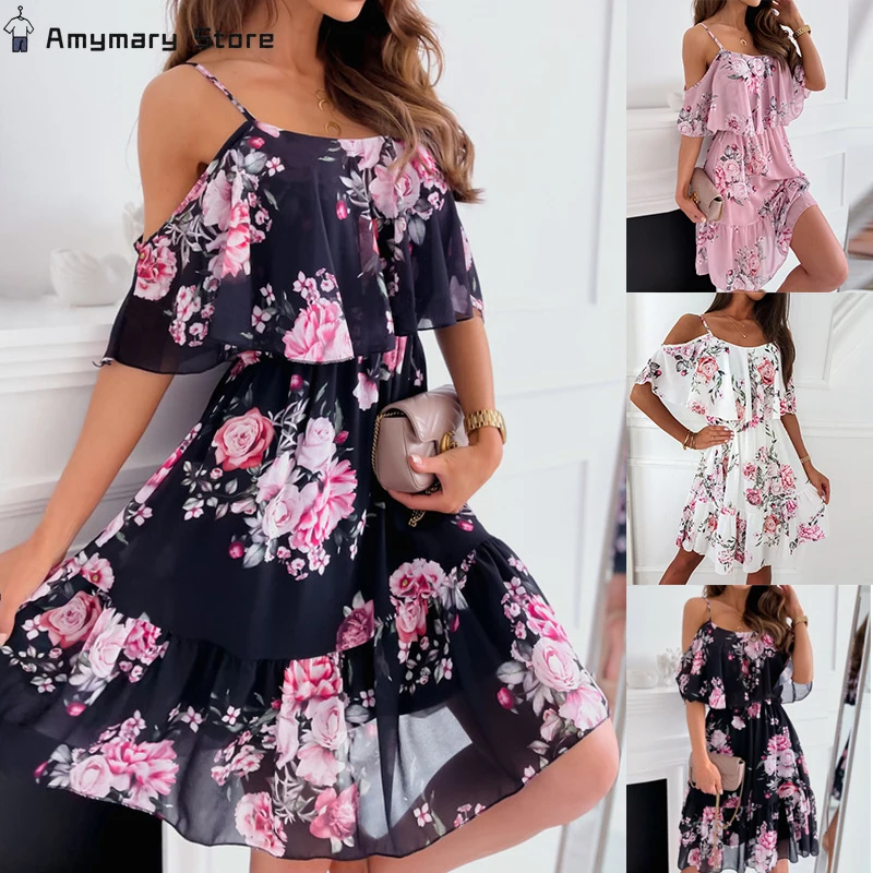 2024 neue Frauen Chiffon Print sexy Schlinge Riemen von der Schulter Kleid Boho Sommerferien Strand Sommerkleid lässig lose kurze Kleider