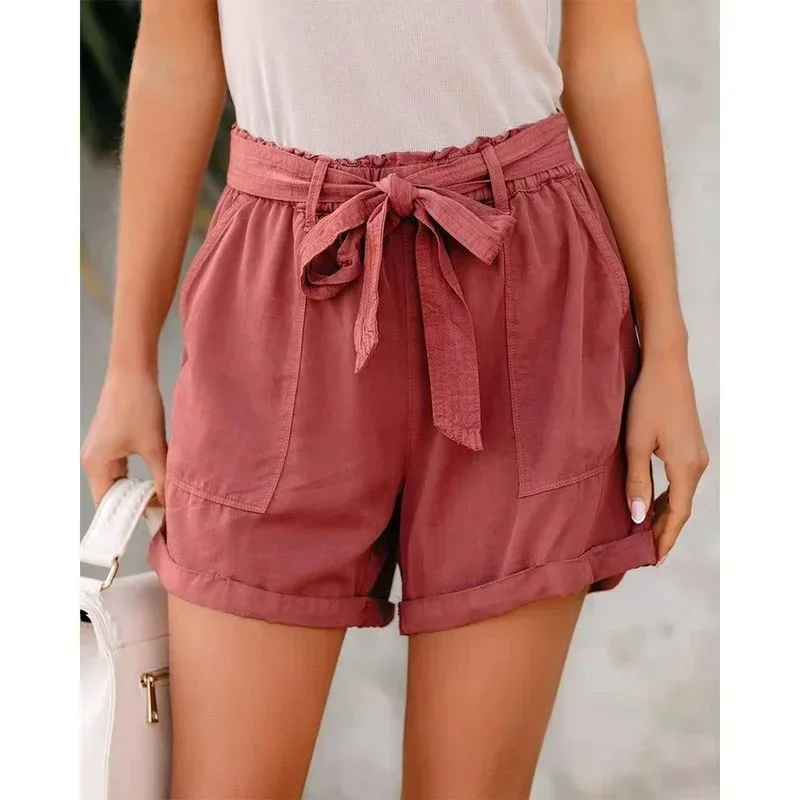 Summer New Women's Loose Shorts with Pockets Lace-up Mid-waist Solid Color Urban Casual Slimming Shorts Boho Style Streetwears