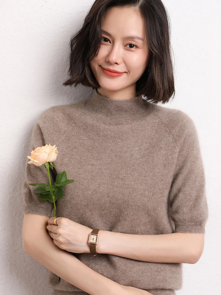 High-end Women Cashmere Pullover Sweaters For Spring Summer Mock Neck Half-sleeve T-Shirt Office Lady 100% Cashmere Knitwear