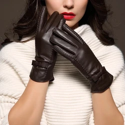 100% High Quality Real Leather Gloves Touch Screen Gloves Women Sheepskin Gloves Thicken Warm Brown Lady Warm Fleece Mittens