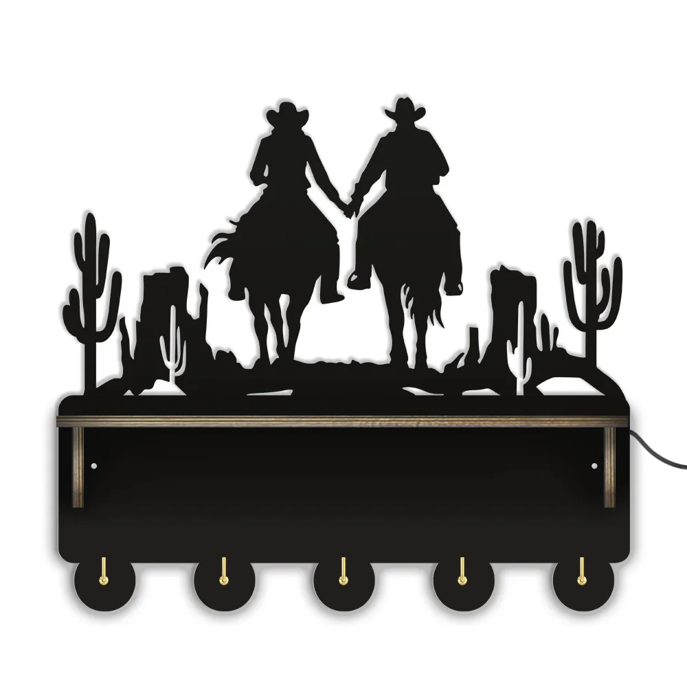 

Cowboy And Cowgirl Silhouettes Wall Mounted Wooden Rustic Coat Hanging Rack Desert Cactus Rustic Key Hanger Western Home Decor