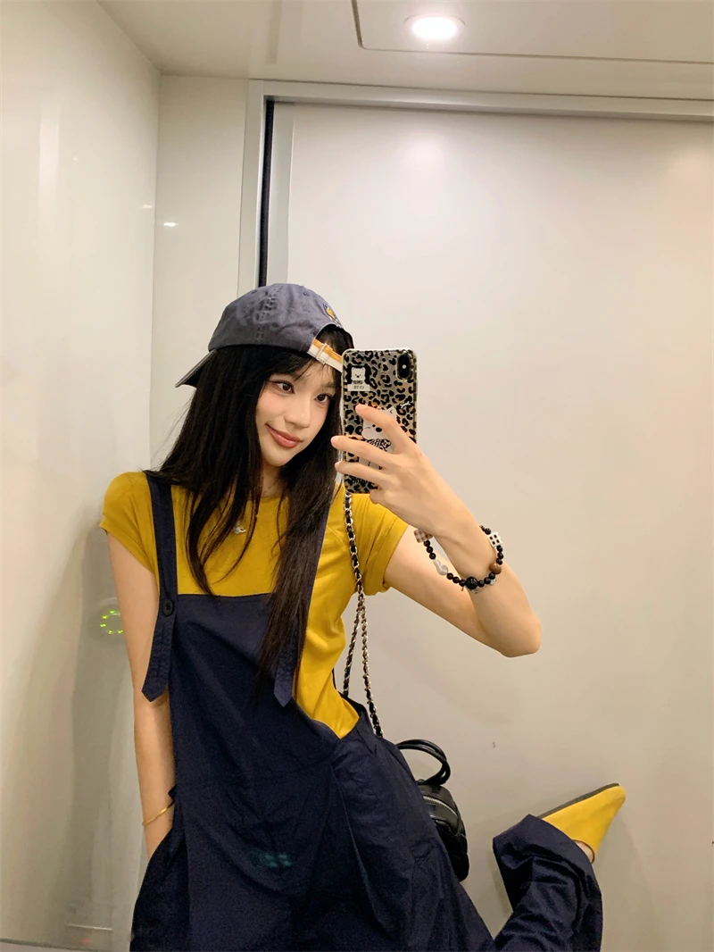 Conjunto de Dos Piezas a la Moda, Overol Holgado, Camiseta de Manga Corta para Mujer, Corte Ajustado, Color Índigo, Fibra de ...