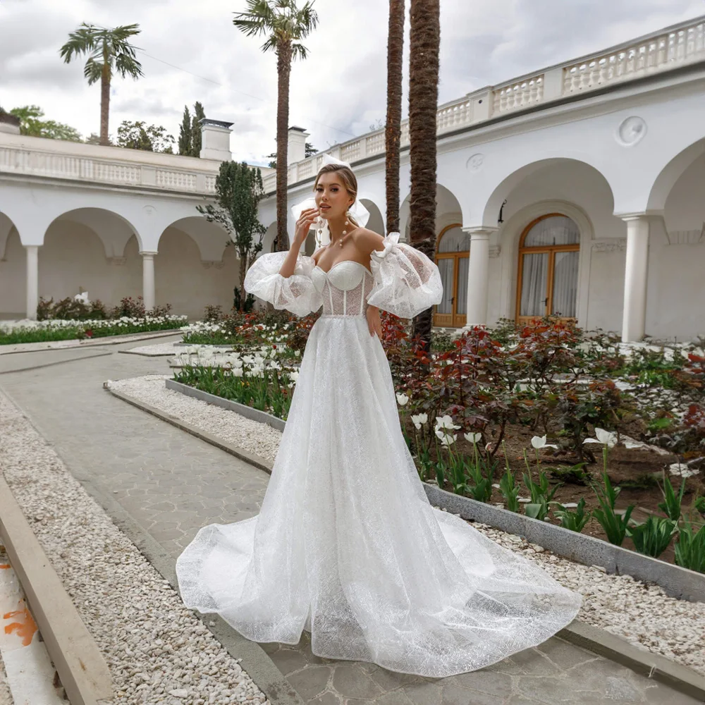 Abito da sposa in Tulle di pizzo con colletto a cuore per donna abito da sposa pieghettato a trapezio senza schienale con maniche a sbuffo rimovibili