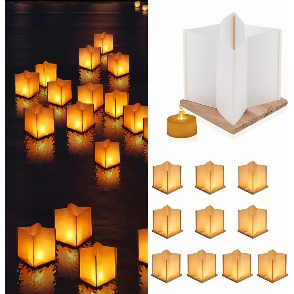 Pacote com 10 Lanternas Flutuantes em Forma de Estrela de 6 Polegadas com Base de Madeira à Prova d'Água, Decoração com Lanternas de Papel e Vela LED