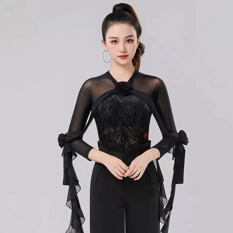 2025 New Modern Dance Clothes Women's Latin Tops Competition Ballroom Dance Wear Leotard  Balck Elegant Waltz Blouse Bodysuit