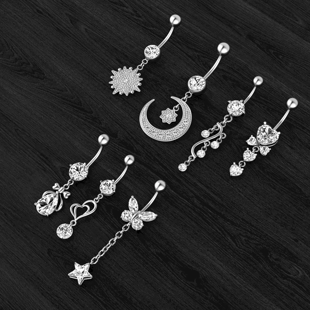 Sexy Dangling Navel Belly Button Ring for Women Girls 14G Heart Butterfly Crystal Belly Piercing Oreja Beach Belly Navel Rings