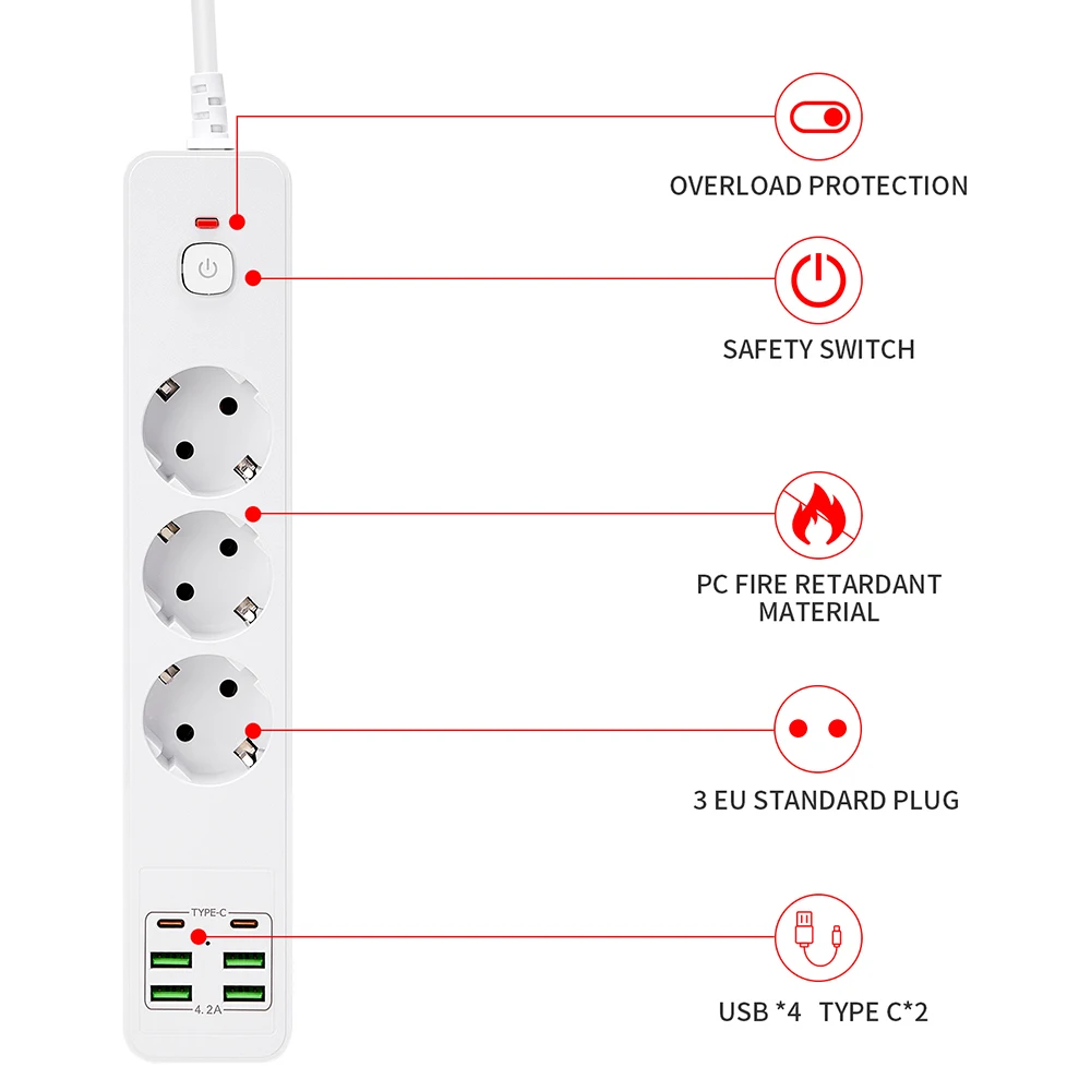 3000W EU Plug Strip USB Power Strip With Overload Protection 4USB 2Type C Charger Hub 2m Extension Socket With Switch