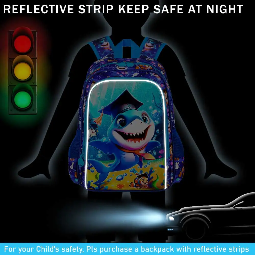 3 قطع حقائب ظهر للأولاد حقيبة كتب عاكسة لطيفة على شكل قرش للأطفال الابتدائية، مجموعة حقيبة ظهر للأطفال مع صندوق غداء
