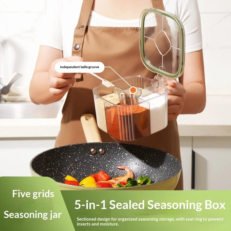 5in1 Multi-grid Seasoning Box,Kitchen Seasoning Can Combination Set, Salt Monosodium Glutamate, Pepper Storage, Seasoning Bottle