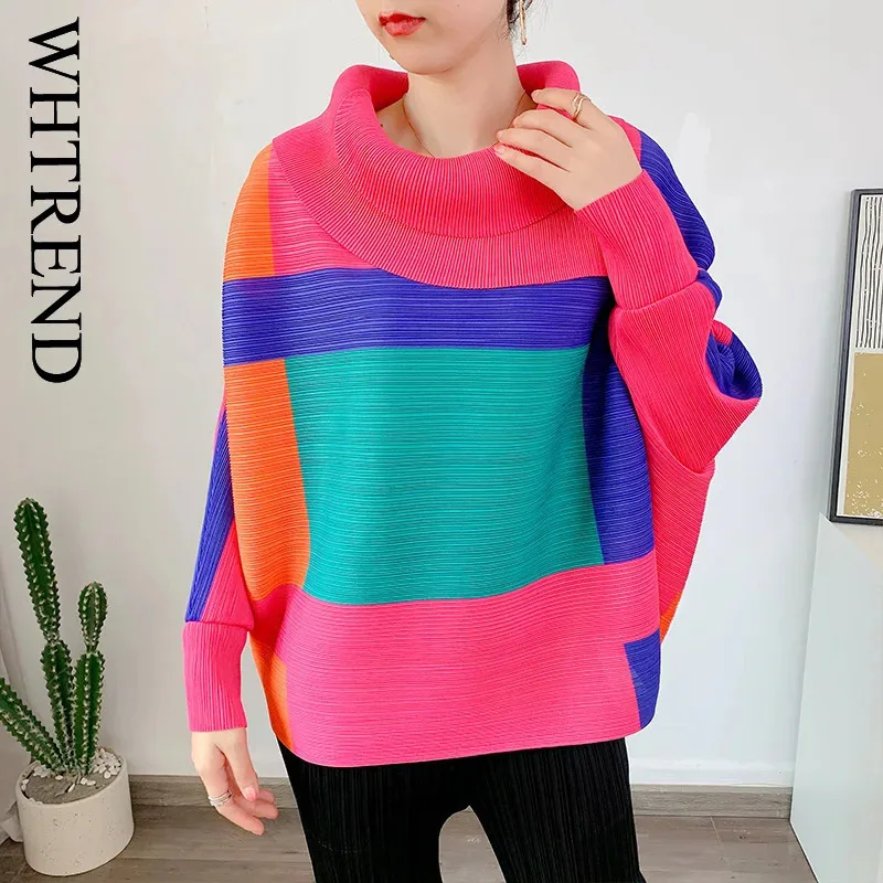 

WHTREND Pleated T Shirts For Women Lapel Collar Color Block Batwing Sleeve Stylish Print Loose Shirts WH1186