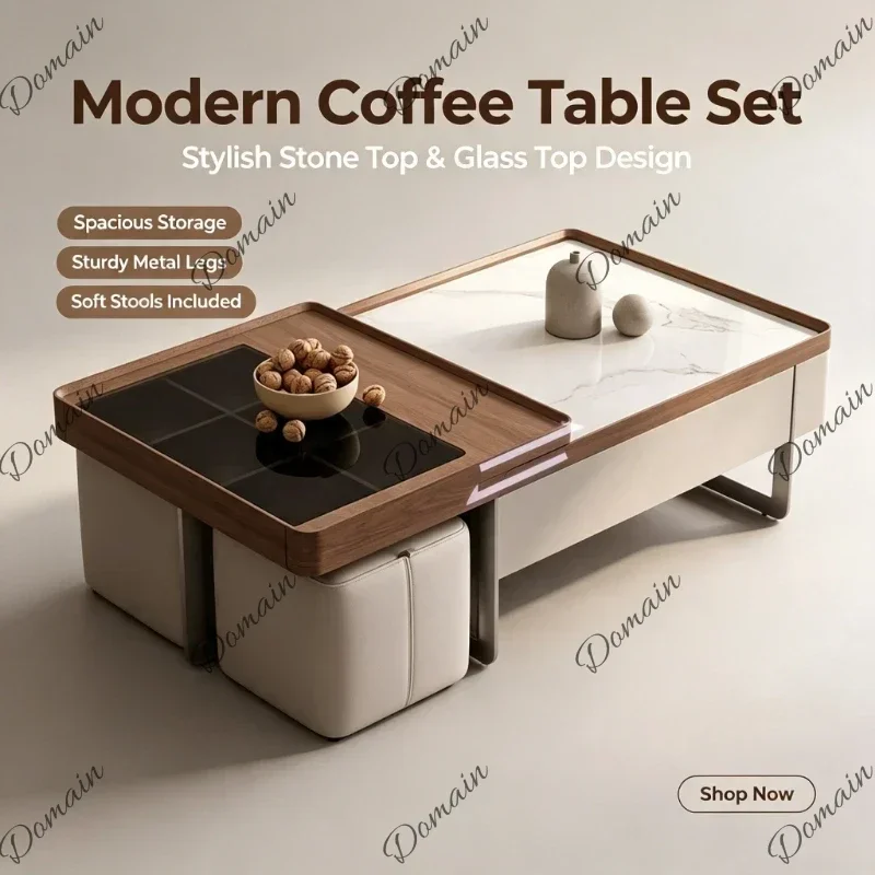 BJG Modern Multifunctional Rectangular Coffee Table, Stone‑Wood Extendable Center Table With Stools Storage Living Room Furnitur