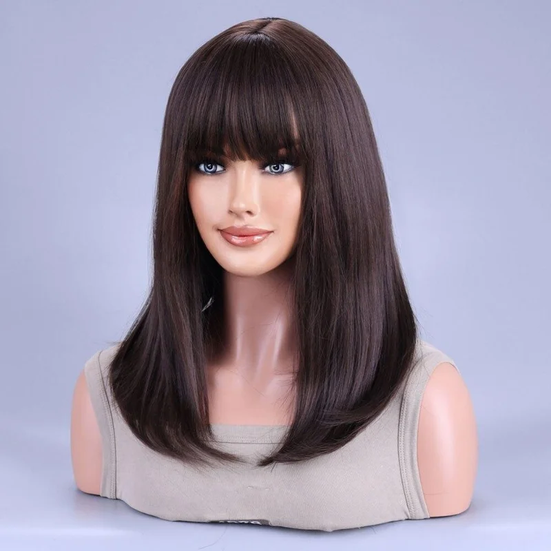 Black Brown Synthetic Wig with Bangs Middle Long Straight Curly Wigs for Women