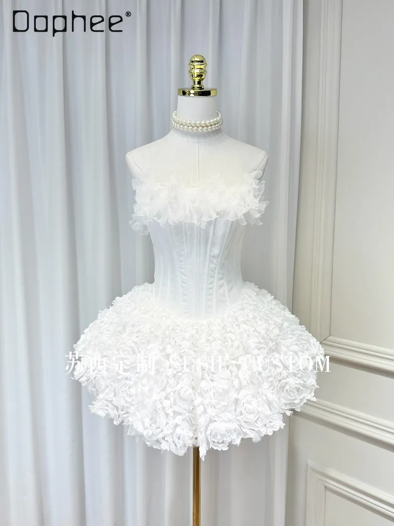 High-end French Sweet Princess Flower Fishbone Strapless Multi-layer Puff Dress French Elegant Socialite Birthday Evening Dress