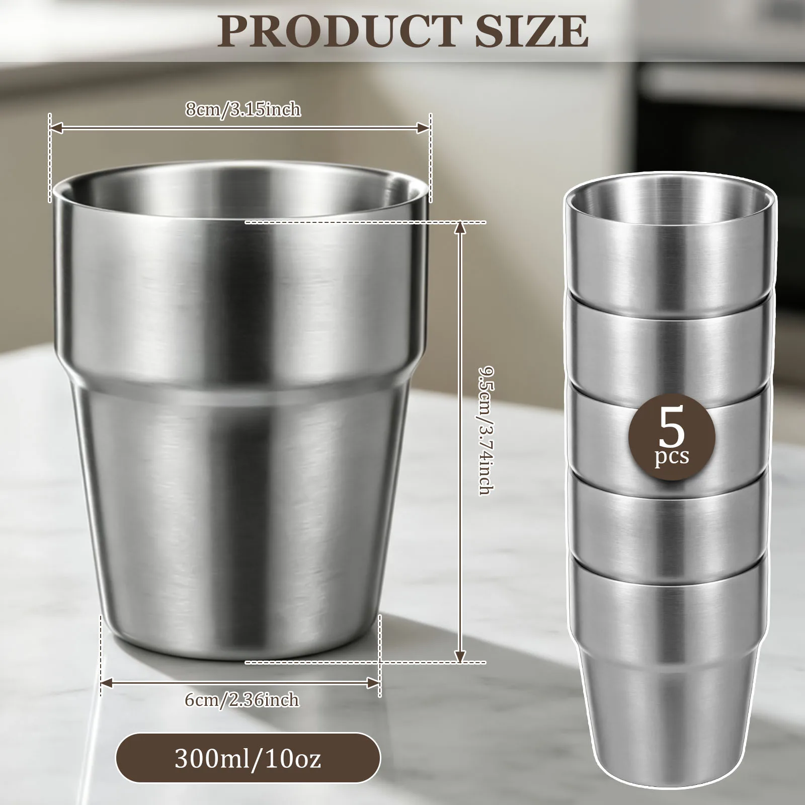 5/10Pc Stainless Steel Cup Double Wall Drinking Cup Stackable Camping Cups 6Oz/10Oz Beer Mug Dishwasher Safe for Outdoor Camping