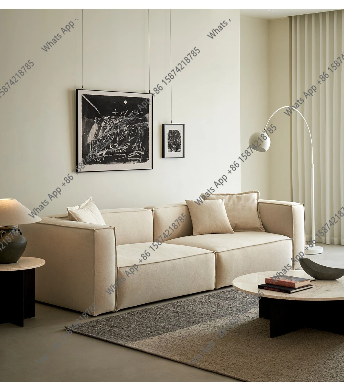 Sofa wabi wind living room cotton and linen natural wind tofu block bedroom sofa small apartment straight row three people