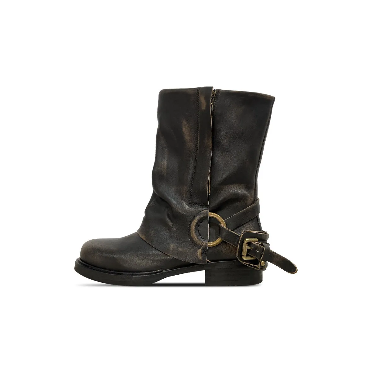Y2K Western Punk Women Mid Calf Boots Distressed PU Round Toe Metal Ring Buckle Low Heel Stacked Boots