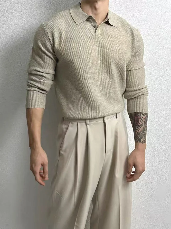 

Men's Long Sve irt Knitted Core Spin Polyester Sweatirt Casual Workwear Faionable Turn-down Collar Texture Feel